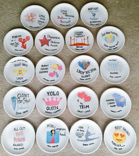 Paper Plate Awards                                                                                                                                                                                 More Paper Plate Awards Swimming, Swim Paper Plate Awards, Fun Cheer Awards, Cheer Banquet Award Ideas, Paper Plate Awards Cheer, Banquet Awards Ideas, Dance Superlatives Awards, Party Awards Ideas, Dance Awards Ideas