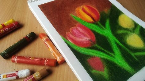 Flower Oil Pastel, Step By Step Oil Pastel, Drawing Step By Step, Drawing Step, Oil Pastel Drawings, Tulip Flower, Flower Oil, Pastel Drawing, Tulips Flowers