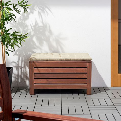 https://www.ikea.com/us/en/p/aepplaroe-storage-bench-outdoor-brown-stained-brown-70204923/ Outdoor Storage Bench, Wood Supply, Balcony Furniture, Diy Chair, Patio Spaces, Garden Storage, Outdoor Bench, Recycled Wood, Bench Table