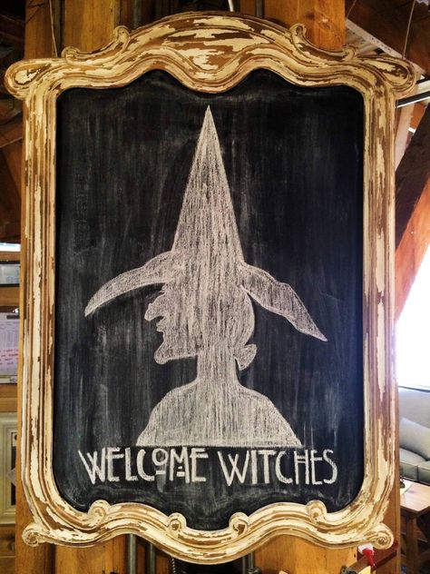 Halloween Chalkboard Art Witch, Witchy Chalkboard Art, Halloween Chalkboard Art Easy, Halloween Chalkboard Art, Halloween Chalkboard, Chalkboard Art Quotes, Fun Diy Halloween Decorations, Painted Window Art, Halloween Wood Signs