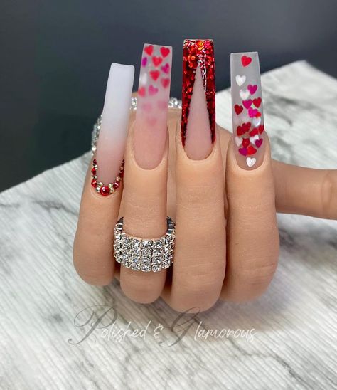 DFW NAIL TECH • Nail Supplies on Instagram: “I can’t wait for valentines sets seriously ❤️ Using Glitter “Romance” @polishedandglamorous_store I will be adding new items this…” Vday Nails, February Nails, Romantic Nails, Square Nail Designs, Nail Designs Valentines, Nail Candy, Long Square Acrylic Nails, Bling Acrylic Nails, Valentine's Day Nails