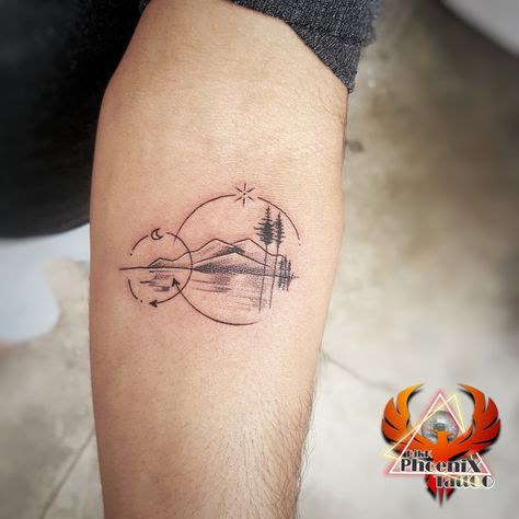 #mountains #smalltattoo #mountainstattoo #tattoo #tattooartist #circletattoo #geometrytattoo #thinlinetattoo #treetattoo #shadowtattoo #3dtattoo #forearmtattoo #handtattoo #phoenixtattoo #palmtrees #moontattoo #watertattoo #elbowtattoo #tattoomagazine #bestartist #chandigarhtattoos #hygienetattooart #hometattoo #tattooathome #freelancer Mountain Tree Water Tattoo, Mountain Water Tattoo, Thinline Tattoo, Panama Tattoo, Tree Line Tattoo, Moutain Tattoos, Berg Tattoo, Fall Tattoo, Symbols Tattoos