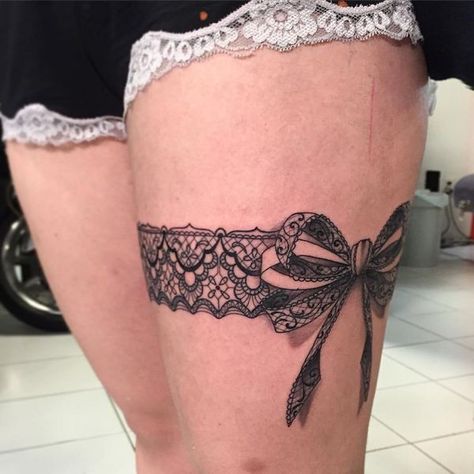 Small Bow Tattoos, Garter Tattoos, Lace Garter Tattoos, Thigh Garter Tattoo, Back Of Thigh Tattoo, Bow Tattoos, Lace Tattoos, Tree Tattoo Forearm, Bow Tattoo Designs