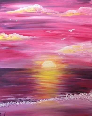 Pink sunset beginner painting idea. Such a pretty painting! Pink Sunset Drawing, Pink Sunset Watercolor, Pink Sunset Painting Acrylic, Easy Sunset Painting For Beginners, Pink Landscape Painting, Painting Ideas Sunset, Pink Sunset Painting, Pink Painting Ideas On Canvas, Sunset Painting Ideas