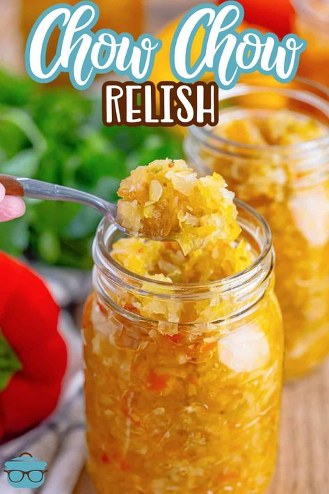 Chow Chow is a classic southern tangy and sweet relish made from tomatoes, pepper and cabbage. An all purpose condiment that can be used on so many foods! Easy Relish Recipes, Homemade Chow Chow, Squash Chow Chow Recipe, Homemade Mush, Canned Chow Chow Recipe, Cabbage Chow Chow, Canning Chow Chow, Old Fashioned Chow Chow Recipe, Green Tomato Chow Chow Recipe