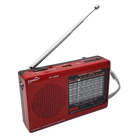 Supersonic Bluetooth Am/Fm/Sw 9 Band Radio W/ Flashlight Usb/Tf Mp3 Player Portable Speaker. Flashlight & Usb/Tf Player Built-In Bluetooth Allows You To Wirelessly Stream Music From Any Bluetooth Enabled Device Am/Fm/Sw1-7 Radio Usb/ Micro Sd Aux-In Rechargeable Battery Bl-5c 3.7v 600mah (Included) Telescopic Antenna Carrying Strap Dc Power Supply: 4.5v Rechargeable Battery Built-In 3xaa Battery (Battery Not Included) Colors: Red Noaa Weather Radio, Free Mail, Pocket Radio, Portable Tv, Pinterest Contest, Retro Gadgets, Usb Gadgets, Radio Shack, Portable Radio