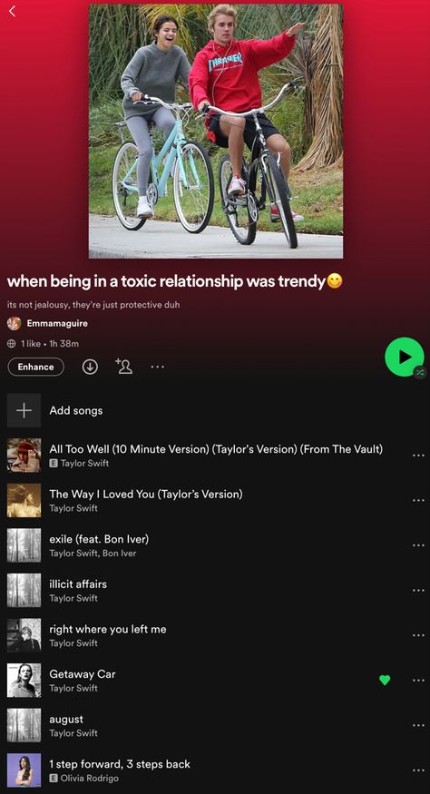 Toxic Playlist, Specific Spotify Playlists, August Taylor, Playlist Ideas, Bon Iver, Getaway Car, You Left Me, All Is Well, Spotify Playlist