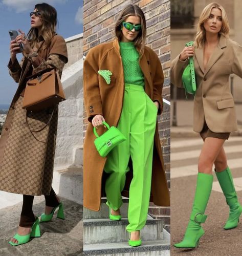 Lime Green Outfits, Neon Outfits, Color Combinations For Clothes, La Fashion Week, Brown Outfit, Camel Coat, Green Outfit, Fall Fashion Outfits, Looks Style