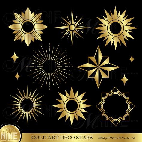 Stars Clip Art, Gatsby Design, Art Deco Vector, Art Deco Sun, Stars Clipart, Elements Art, Art Deco Theme, Star Clipart, Art Gold