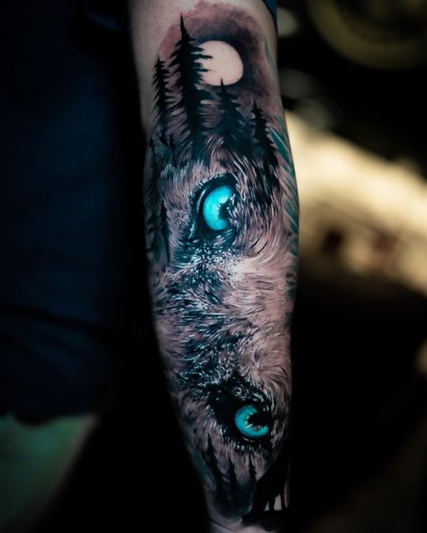 Forearm Wolf Tattoos For Women, Wolf Half Sleeve Tattoos For Guys, Half Sleeve Wolf Tattoo For Men, Blue Eye Wolf Tattoo, Half Human Half Animal Eye Tattoo, Blue Wolf Tattoo, Protective Wolf Tattoo, Wolf Blue Eyes Tattoo, Wolf Forearm Tattoo For Men