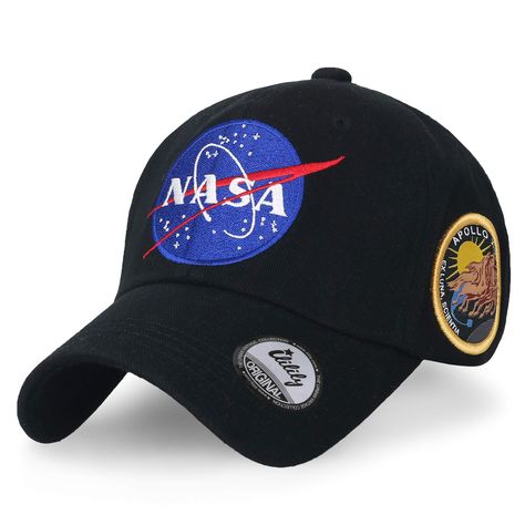 PRICES MAY VARY. 60% Cotton, 40% Polyester Imported Button closure Style: basic cotton baseball cap logo embroidered trucker hat Trim/Embellishment: cotton baseball cap with NASA logo embroidered on front and apollo 13 patch on side. trucker cap has adjustable strap back closure. Crown: round top button dad hat. inner of cap is lined with sweatband for optimal wearing comfort. Officially approved high-quality NASA logo baseball cap. Inner band: approx. [M] 57cm (7 1/8) [L] 60cm (7 1/2) / brim wi Air Jordan 1 Court Purple, Nasa Clothes, Apollo 1, Apollo 13, Cap Logo, Nasa Logo, Embroidery Baseball, Oufits Casual, Mens Casual Outfits Summer