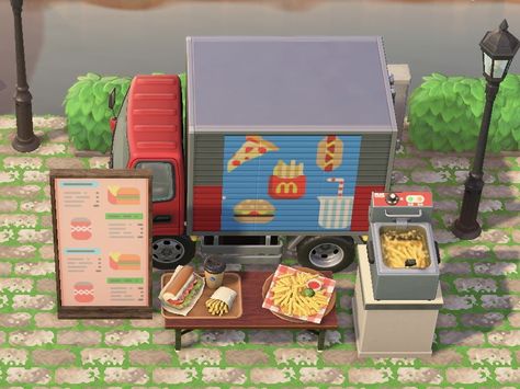 Food Truck Acnh Design, Food Trucks Animal Crossing, Acnh Fastfood, Acnh Sandwich Shop, Acnh Food Truck Design, Acnh Food Truck Ideas, Animal Crossing Food Truck Design, Animal Crossing Fast Food, Bloxburg Food Truck