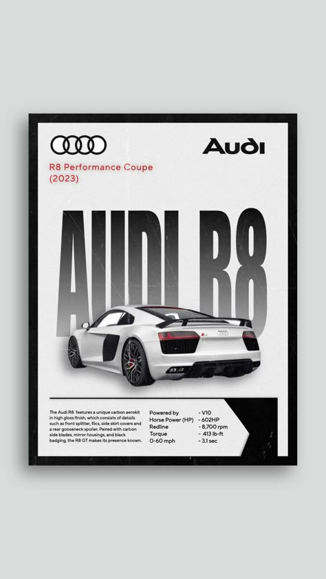 This is a small illustration and some information about the Audi R8 Audi R8 Poster, Audi Poster, Auto Racing Art, R8 Gt, Dream Cars Audi, Automotive Logo Design, Automotive Illustration, Car Artwork, Super Sport Cars