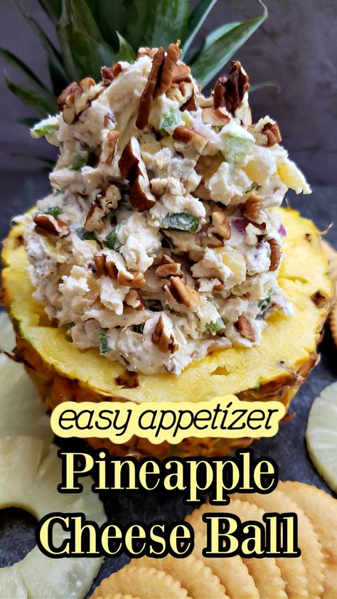 Looking for the perfect party appetizer? Try this Pineapple Cheese Ball! It's a delicious mix of cream cheese, crushed pineapple, and crunchy bell peppers, with chopped pecans. Easy to make and a total crowd-pleaser. Perfect for holidays, picnics, or any gathering. Pin this recipe now for a delightful, sweet and savory treat! #Appetizer #CheeseBall #PartyFood Pineapple Cheeseball, Pineapple Appetizers, Pineapple Cheese Ball, Pineapple Cheese, Cream Cheese Ball, Awesome Appetizers, Cheese Ball Recipe, Party Bites, Ball Recipes