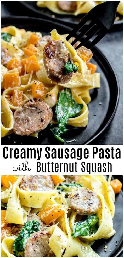 Creamy Sausage Pasta with Butternut Squash is an easy weeknight dinner recipe made with chicken sausage, butternut squash, spinach, and papperdelle noodles tossed with a creamy sauce. It is the perfect dinner for busy school nights, and total comfort food for fall! AD #sausage #pasta #butternutsquash #fallrecipe #easydinner #homemadeinterest Butter Squash Recipe, Sausage Butternut Squash, Pasta With Butternut Squash, Food For Fall, Creamy Sausage Pasta, Butternut Squash Spinach, Today Is Monday, Butternut Squash Pasta, Weeknight Dinner Recipes Easy