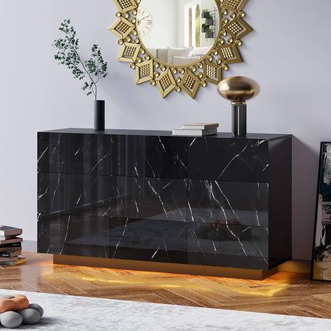 Amazon.com: Anbuy LED 9 Drawer Dresser, Black Modern Dresser with High Gloss Drawers Dual Chest of Drawers Dresser with Lights for Bedroom (Black) : Home & Kitchen Black Marble Dresser, Marble Dresser, Marble Drawer, Mens Dresser, Dressers Bedroom, Black Bedroom Sets, Dresser Modern, Furniture Dressers, Drawer Dimensions