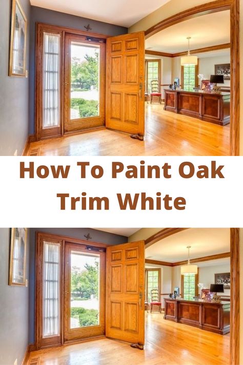 Learn how to paint oak trim white with this step-by-step tutorial. You'll need a few supplies and just one hour of your time! This is the quickest way I know to give new life to old or outdated woodwork in your home, apartment, office space, etc. The process couldn't be easier--just follow these instructions for painting DIY projects that will last for years! #HomeAffluence. White Walls And Oak Trim, How To Paint Oak Trim, Old Wood Trim Update, Painting Window Trim White, Painting Wooden Trim, Paint Oak Trim White Before And After, Painted Oak Trim Before And After, Honey Oak Trim Update, Wood Trim To White Before And After