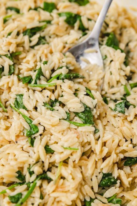 Garlic Parmesan Orzo With Spinach Orzo With Scallops, Garlic Parmesan Orzo Recipe, Creamy Garlic Parmesan Orzo, Lemon Spinach Orzo, Parmesan Basil Orzo, Garlic Parmesan Orzo, Creamy Spinach Parmesan Orzo, Orzo Recipes Side, Orzo With Spinach