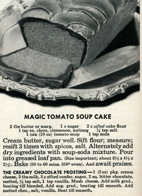 Magic tomato soup cake recipes from the '50s & '60s - #tomatosoupcake #soupcake #vintagerecipes #classicrecipes #vintagedesserts #classicdesserts #cakerecipes #vintagecakes #tomatosoup #strangerecipes #retrorecipes #clickamericana Tomato Soup Cake, Tomato Cake, Ic Recipes, Thanksgiving Recipe, Curry Soup, Family Thanksgiving, Spice Cake, Retro Recipes, Classic Desserts