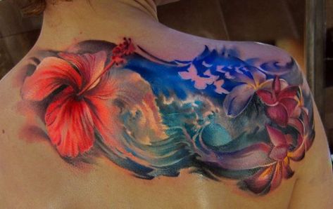 Beautiful. Made me think of you @Morgan Wallace cause of the Hawaiian flowers (: Hawaiian Flower Tattoos, Hawaiian Tattoos, Tropical Tattoo, Flower Tat, See Tattoo, Hibiscus Tattoo, Hawaiian Tattoo, Tattoo Cover-up, Waves Tattoo