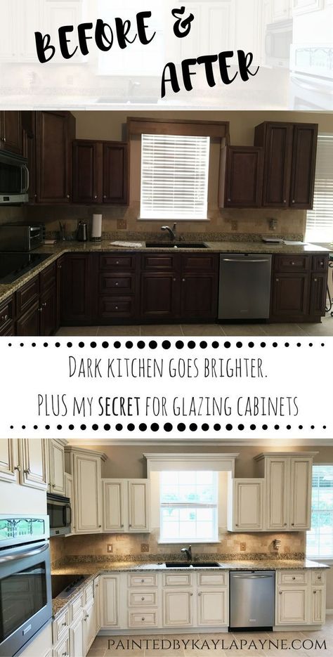 Glazing Cabinets, Glazed Kitchen Cabinets, Cream Kitchen Cabinets, Refacing Kitchen Cabinets, Kitchen Diy Makeover, Dark Kitchen, New Kitchen Cabinets, Kitchen Cabinets Makeover, Bright Kitchens