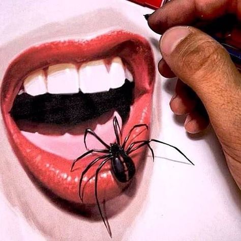 Black Widow, Red Lips, Spider Crawling Into Mouth #art #sketch #drawing #colored #color #pencil #realistic Spider In Mouth Drawing, Spider Crawling Out Of Mouth, Spider Mouth, Spider Crawling, Widow Tattoo, Mouth Art, Drugstore Lipgloss, Lip Pencil Colors, Drugstore Lips