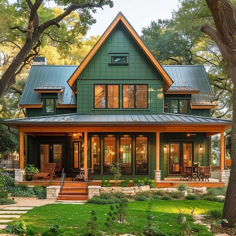 green_home_exterior_with_wood_accents 16 Dark Green House Exterior, Green Home Exterior, Cottage View, Exterior Home Renovation, Green House Exterior, Small House Exterior, Nice Houses, Home Exteriors, Roof Ideas