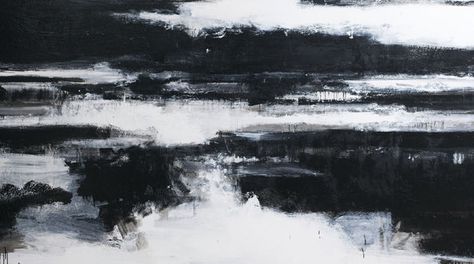 John Virtue, Norfolk No. 1. Acrylic, black ink and shellac on canvas, 2009, 152.4 x 310 cm. .  Photo: Courtesy Marlborough Fine Art. John Virtue Landscapes, John Virtue, Drawing Clouds, Sea Paintings, Environment Painting, Tinta China, Sea Painting, Black And White Painting, Wow Art