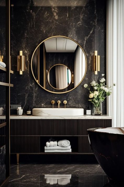 Bathroom Interior Design Luxury Black, Luxury Powder Room, Bathroom Interior Design Luxury, Black And Gold Bathroom, Modern Luxury Bathroom, Wc Design, Bathroom Design Black, Washbasin Design, Bathroom Decor Luxury