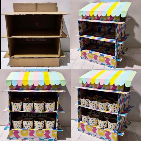 Hey, try this candies or cupcake stand using cardboard for your kids upcoming Birthday 🥳 Candy Stand Ideas, Diy Candy Stand, Candy Corner Ideas, Cupcake Stand Diy, Cardboard Cake Stand, Cardboard Food, Cardboard Cupcake Stand, Cardboard Stand, Diy Cupcake Stand