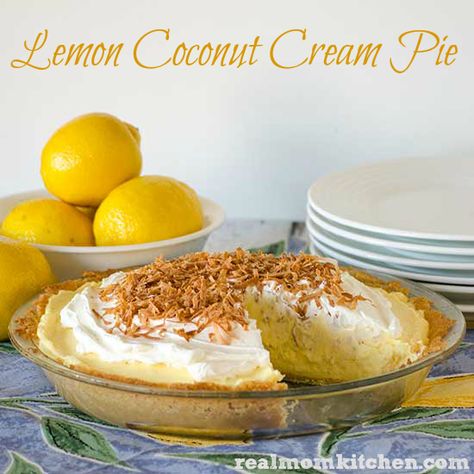 Lemon Coconut Cream Pie | Real Mom Kitchen Graham Wafer Crust, No Bake Lemon, Mom Kitchen, American Desserts, Lemon Coconut, Ice Cream Pies, Coconut Cream Pie, Easy Pie, Real Mom