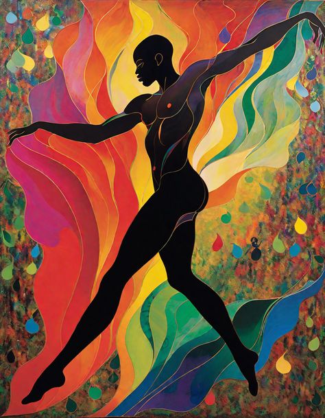 The Chris Ofili touch can be seen in this painting, with its high resolution capturing the dynamic movements of a dancing man. The colorful expressions and vibrant gestures bring the piece to life, while the use of mixed media inspiration adds an abstract element. The dynamic composition and bold colors create an energetic rhythm, complemented by the detailed and colorful textures. The expressive lines convey energy and add depth to the artwork. Chris Ofili, Mixed Media Inspiration, Expressive Lines, Man Dancing, Dancing Art, Dynamic Composition, Bold Colors, Dancing, Mixed Media