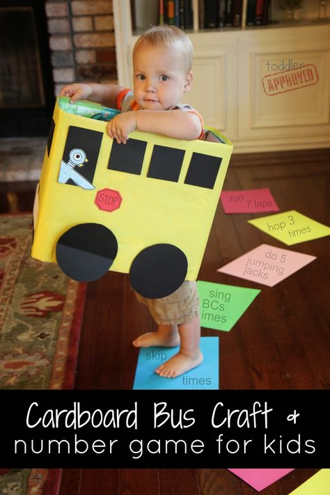 Cardboard Box Bus Craft & Number Game for Kids {Mo Willems Virtual Book Club for Kids} - Toddler Approved Pigeon Activities, Cardboard Bus, Number Games For Kids, Transport Activities, Bus Craft, School Bus Crafts, Pigeon Drive The Bus, Pigeon Books, Book Club For Kids