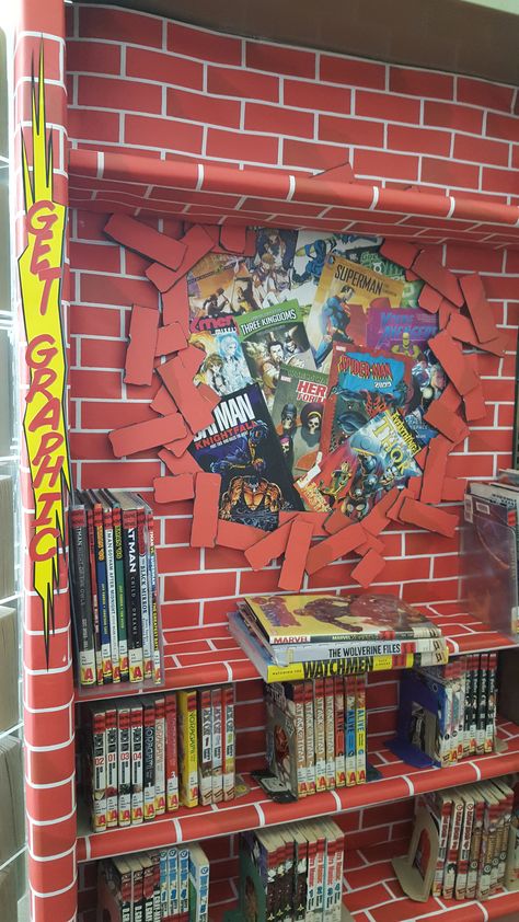 Graphic Novel Bulletin Boards, Graphic Novel Display For Library, Comic Book Classroom Decor, Graphic Novel Library Display, Library Book Return Ideas, Bookstore Display Ideas, Graphic Novel Display, Comic Decor, Disney Library