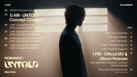 ENHYPEN unveils promotion calendar teaser for their upcoming album 'Romance: Untold' Enhypen Untold Romance, Bang Si-hyuk, Bump Ahead, Album Releases, Third World, At Midnight, Moving Out, Studio Album, Kpop Wallpaper