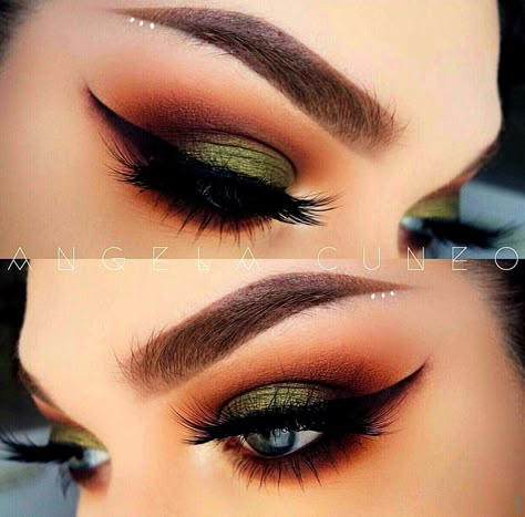 Smoked out burnt orange and green Red And Green Eyeshadow, Green Eyeshadow Looks, Orange Eyeshadow Looks, Orange Eye Makeup, Orange Eyeshadow, Orange Makeup, Fall Makeup Looks, Green Makeup, Eye Makeup Designs