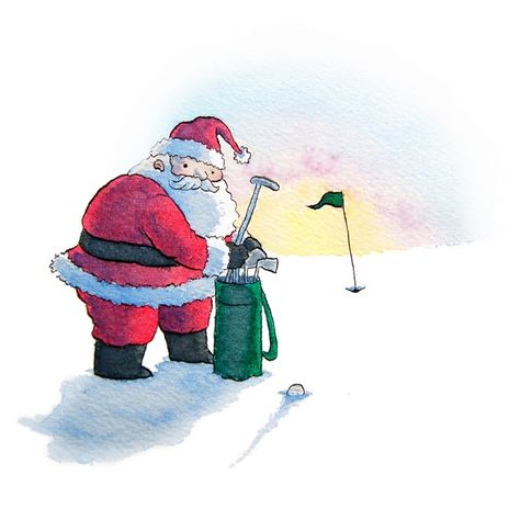 Golfing Santa Clause Handmade Christmas Cards Golf Christmas Cards, Golfing Santa, Winter Illustrations, Golf Christmas, Santa Canvas, Golf Cards, Golf Stuff, Handmade Christmas Cards, Christmas Golf