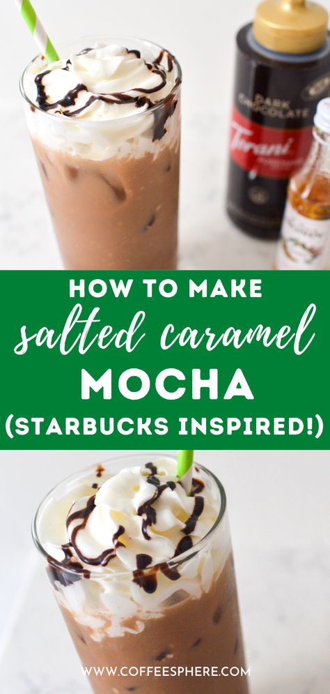 Carmel Iced Mocha Recipe, Cold Brew Recipes Coffee Drinks, Iced Coffee Recipe Mocha, Iced Espresso Recipes, Iced Caramel Mocha Recipe, Mocha Iced Coffee Recipe, Iced Caramel Mocha, Caramel Coffee Drinks, Salted Caramel Mocha Frappuccino