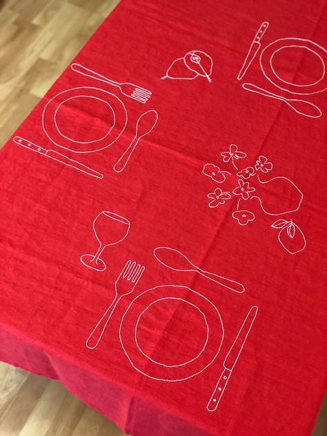 Diy Embroidery Table Cloth, Hand Embroidered Tablecloth, Table Cloth Embroidery Handmade, Tablecloth Aesthetic, Embroidery Tablecloth, Embroidery Napkins, Red Tablecloth, Embroidered Tablecloth, Birthday Table