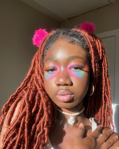 Rainbow Undereye, Rainbow Eyeshadow, Eyeliner Designs, Women Hairstyles, Makeup Art, Makeup Inspo, Black Women Hairstyles, Locs, Carnival Face Paint