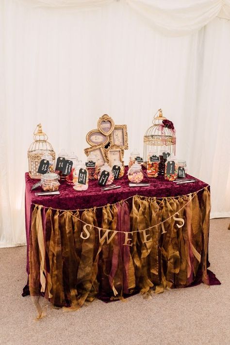 Maroon and gold dessert bar #fall #wedding #maroon #gold #fallwedding #weddinginspiration Burgundy Gold Wedding, Wedding Schemes, Burgundy Wedding Centerpieces, Gold Wedding Centerpieces, Sweets Bar, Elegant Wedding Centerpiece, Bar Station, Wedding Whimsical, Sweets Table