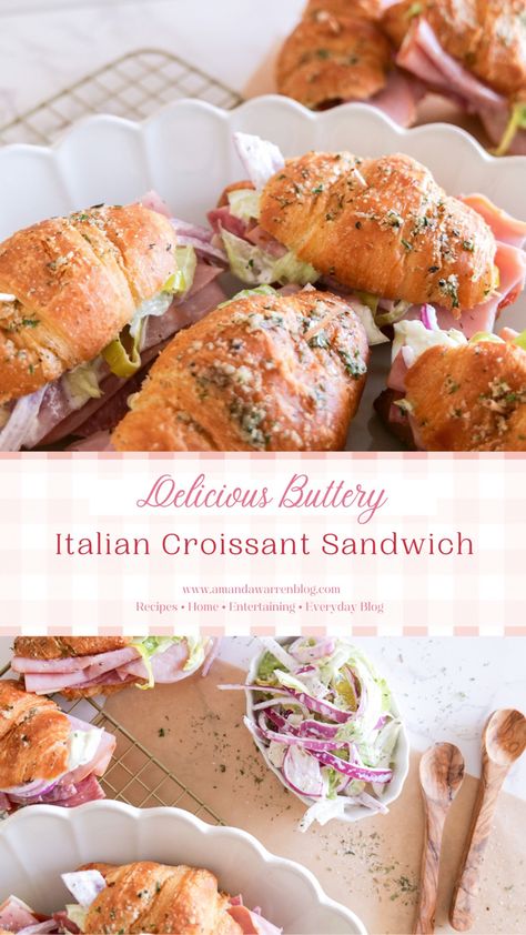 Do you have a craving for a savory and delicious sandwich that you can make at home and feel like you got a famous deli experience? Look no further than this Buttery Italian Croissant Sandwich! This sandwich is the perfect combination of Italian flavors, buttery croissants, and fresh ingredients, making it the perfect lunch time meal. Whether you’re looking for that perfect lunch or a great dish to bring as an appetizer, this sandwich will satisfy your cravings. Keep reading to find out how to m Gourmet Croissant Sandwich, Make Ahead Croissant Sandwiches, Croissant Sandwich Charcuterie Board, Croissant Sandwich Ideas Lunches, Sandwich Recipes Croissant, Crissonts Sandwich Ideas, Crosaint Sandwich Recipes, Croissant Sandwich Lunch, Elevated Sandwiches