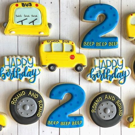 Wheels On The Bus Cookies Decorated, School Bus Second Birthday, Wheels On The Bus Second Birthday, Wheels On The Bus 2nd Birthday Party, Wheels On The Bus Cookies, Wheels On The Bus Birthday Party Decorations, The Wheels On The Bus Birthday Party, Wheels On The Bus Birthday Party, Bus Themed Birthday Party