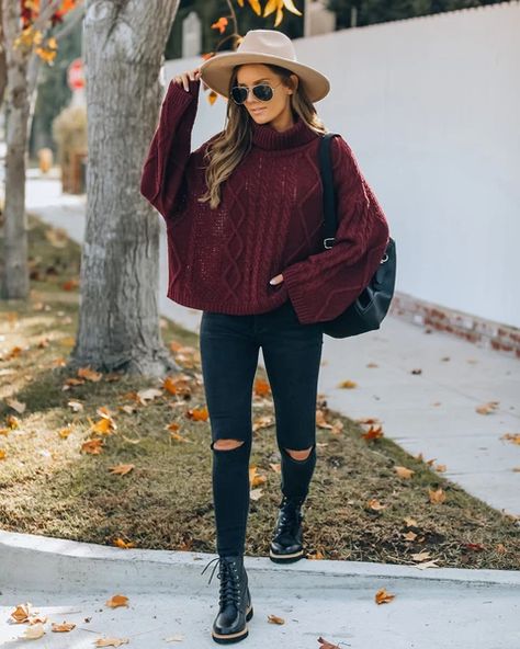 Maroon Cardigan Outfit Aesthetic, Burgundy Shirt Outfit Women, Maroon Fall Outfit, Black And Maroon Outfit, Burgundy Turtleneck Outfits, Burgundy Sweater Outfit Winter, Burgundy Fall Outfits, Knit Sweater Outfit Winter, Burgundy Top Outfit