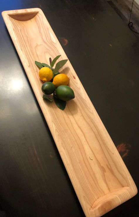 "Perfect as a centerpiece, dough bowl/bread tray, or charcuterie board. Individually hand-crafted. Made from natural, hard, dense, and beautiful hickory wood.  Each piece will be unique and show variations in grain and color. Finished with a food-grade butcher block mineral oil.    Approx. measurements: 36\" long, 7 1/2\" wide, 1 1/2\" thick  Custom sizes available. Please Note- All dough bowls are packaged with several stems of rosemary. Please send us a message if you would not like rosemary with your item." Charcuterie Board Long, Seafood Stuffed Shells, Cone Dessert, Centerpiece Candle Holder, Bowl Bread, Hickory Kitchen, Wood Dough Bowl, Wood Centerpiece, Wood Charcuterie Board