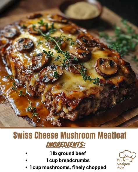 Swiss Cheese Mushroom Meatloaf Mushroom Meatloaf Recipes, Moist Meatloaf Recipes, Mushroom Meatloaf, Bacon Cheeseburger Meatloaf, Moist Meatloaf, Cheesy Meatloaf, Beef With Mushroom, Bacon Meatloaf, Cheese Stuffed Meatloaf