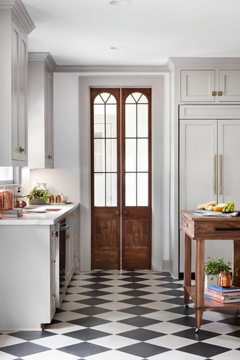 Kitchen Pantry Doors, Checkered Floor, Fixer Upper Kitchen, Checkerboard Floor, Tudor Style Homes, Bathroom Design Inspiration, Fixer Upper, Kitchen Flooring, White Kitchen