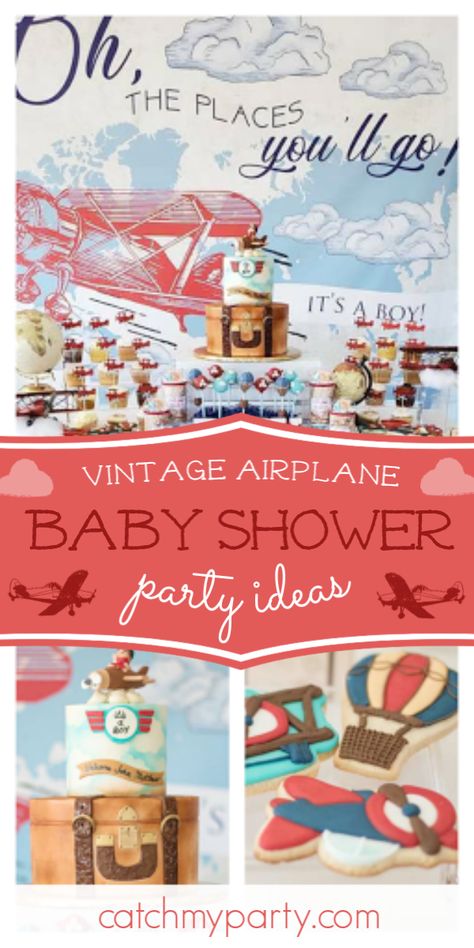 Airplane Baby Shower Ideas, Airplane Themed Baby Shower Ideas, Plane Baby Shower Ideas, Baby Boy Airplane Shower Ideas, Vintage Baby Shower Ideas, Vintage Airplane Baby Shower Theme, Vintage Plane Baby Shower Ideas, Vintage Plane Party Decor, Vintage Airplane Theme