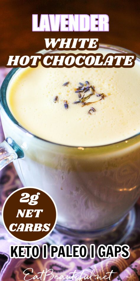 Lavender White Hot Chocolate is warm, sweet, creamy and nourishing — both soothing and exciting. This recipe is Paleo or Primal, Keto, Low Carb and GAPS. | Eat Beautiful Recipes | lavender white hot chocolate | keto white hot chocolate | paleo white hot chocolate | low carb white hot chocolate | real food white hot chocolate | gaps diet recipes | lavender recipes || #lavender #white #hotchocolate Low Carb Beans, Seasonal Coffee Drinks, Gaps Diet Recipes, Low Carb Milk, Best White Chocolate, Eat Beautiful, Grass Fed Gelatin, Beautiful Recipes, Lavender Recipes