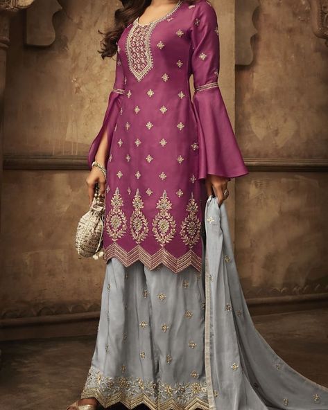 FOR ORDERS/INQUIRY  SEND DIRECT MESSAGE/ INBOX  #fashion #photooftheday #instafashion #pretty #girly #pink #shopping #ootd #outfitoftheday #whatiworetoday #outfit #clothes #todaysoutfit #pashmina #summerwear #winternightsuits #punjabisuits #lengha #bridal #designersarees Grey Colour Combination Dress Pakistani, Grey Colour Combination Dress, Grey Colour Combination, Women Sharara, Sharara Suit Designs, Latest Salwar Kameez Designs, Gharara Suits, Icon Fashion, Pakistani Suits Online